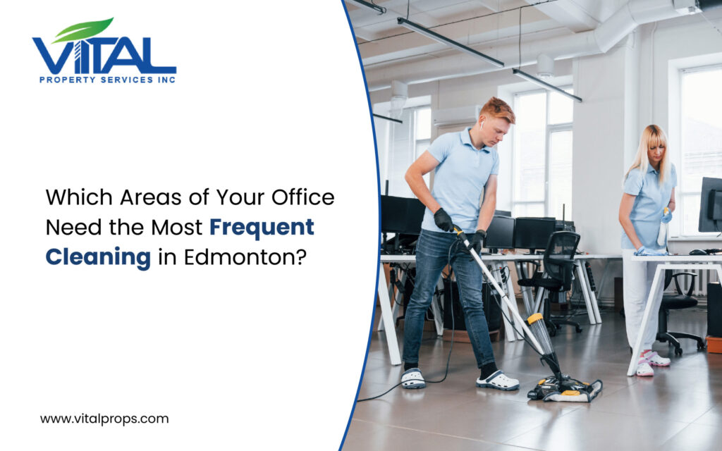 Two professional commercial cleaners mopping and sanitizing an office