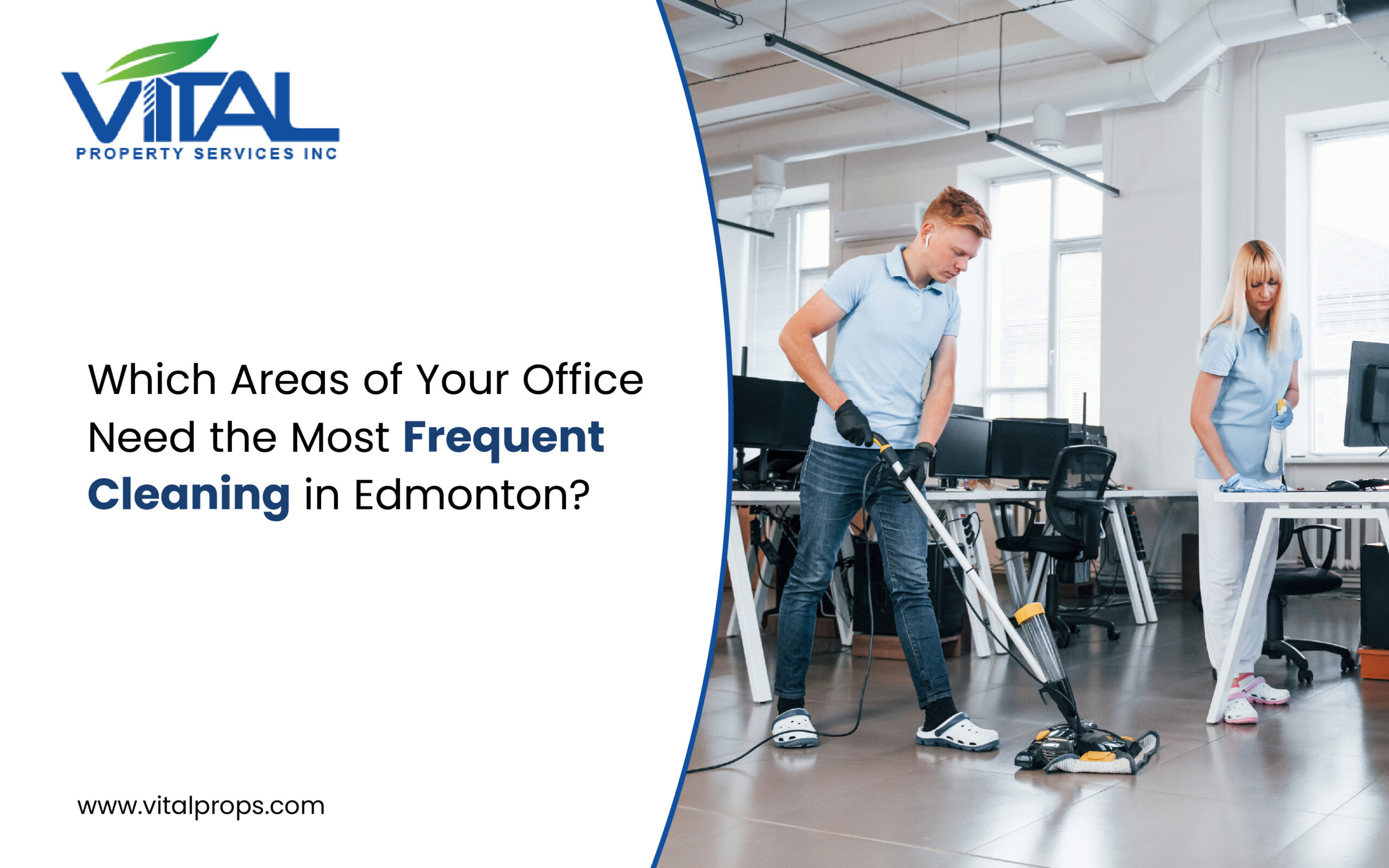 Two professional commercial cleaners mopping and sanitizing an office