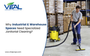 Janitor performing specialized cleaning in industrial warehouse